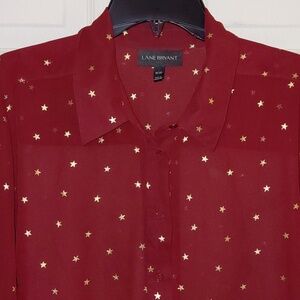 EUC Lane Bryant 18/20 Sheer Blouse Maroon Gold Stars Long Sleeves Button Front